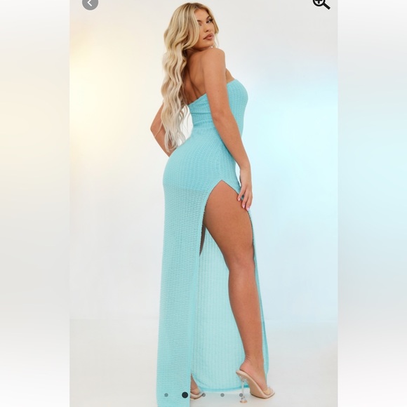 Sky Blue Textured Bandeau Thigh split Maxi Dress (size 12) - Picture 2 of 5